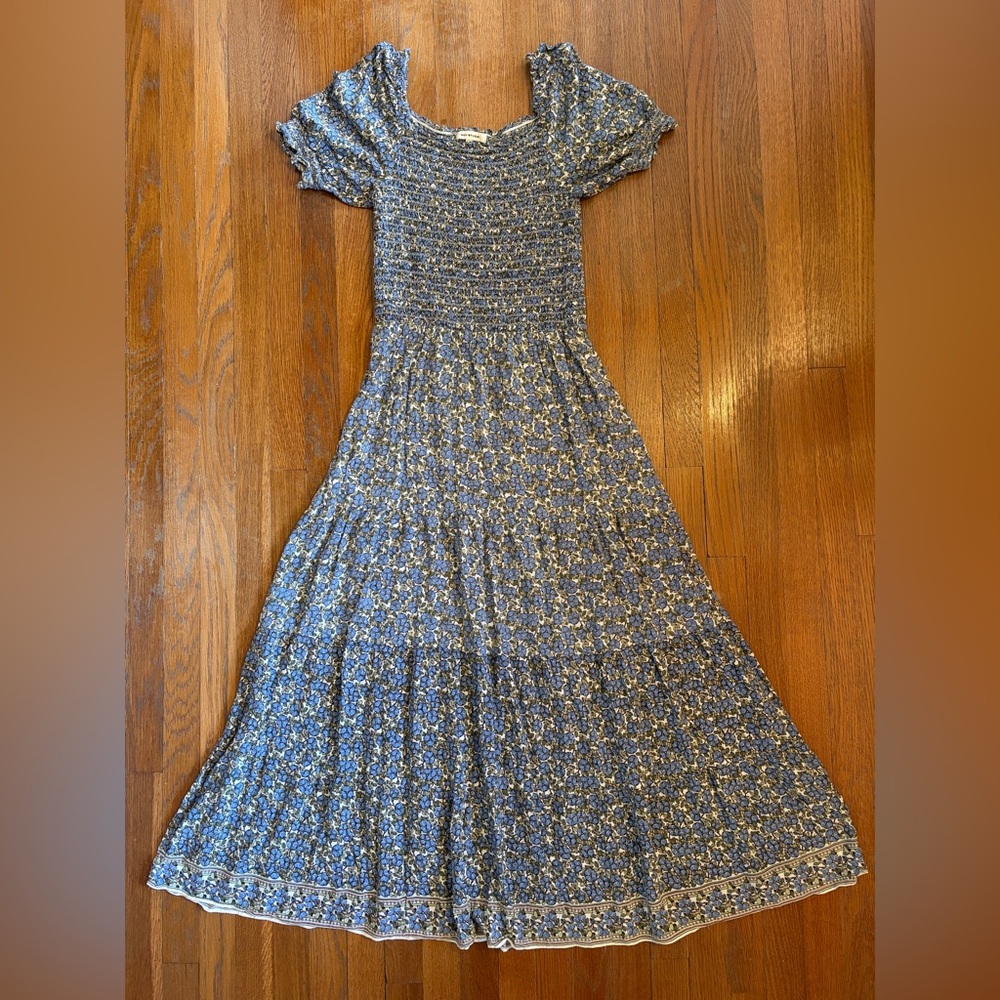 Max Studio Blue and Cream Floral Smocked Dress